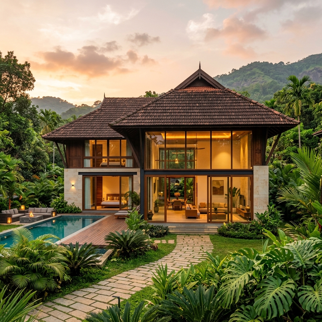 Kerala Traditional Roof Luxury Villa Facade